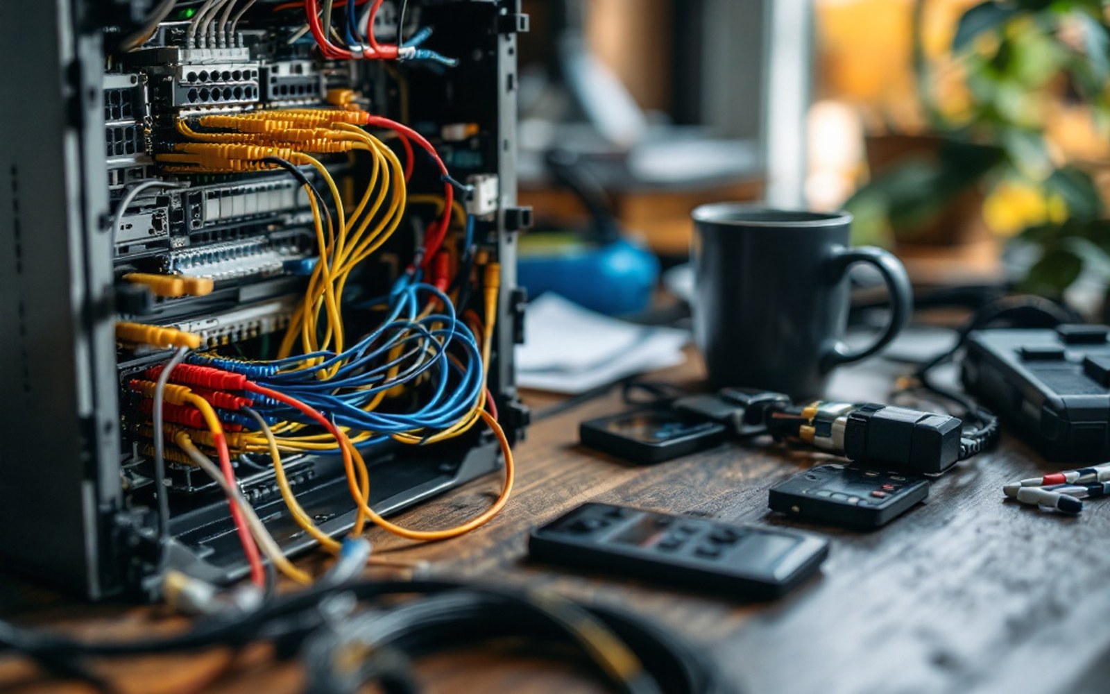 Patch panels and network cabling in a rack, the equipment behind a residential subscription