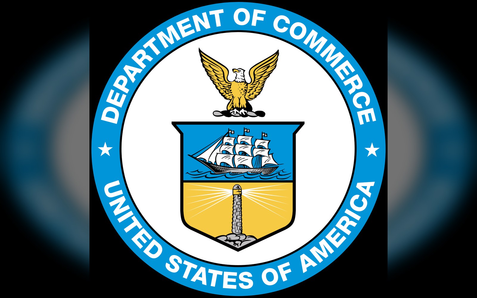 Seal of the United States Department of Commerce with eagle, ship and lighthouse