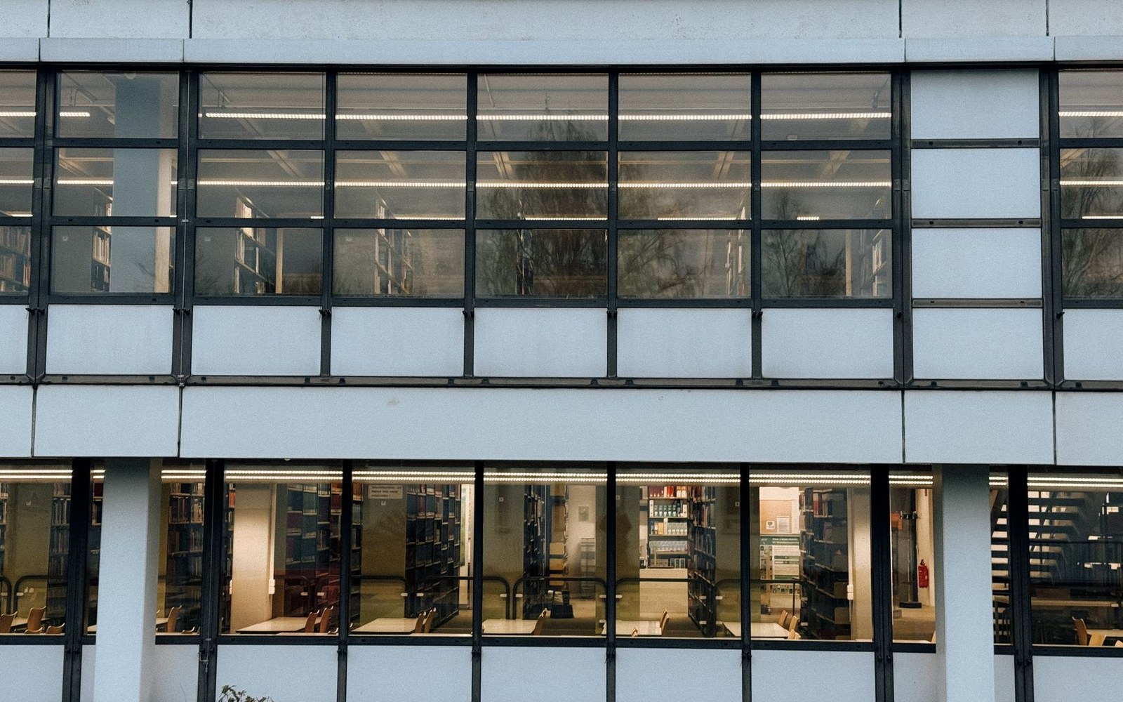 Rows of bookshelves visible through the large windows of a two-story library building