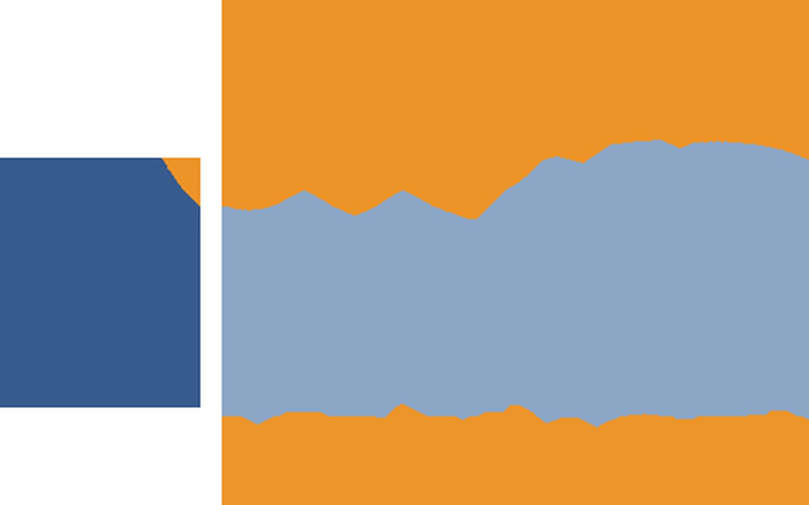Blue and orange abstract graphic with a jagged mountain-like band across the design