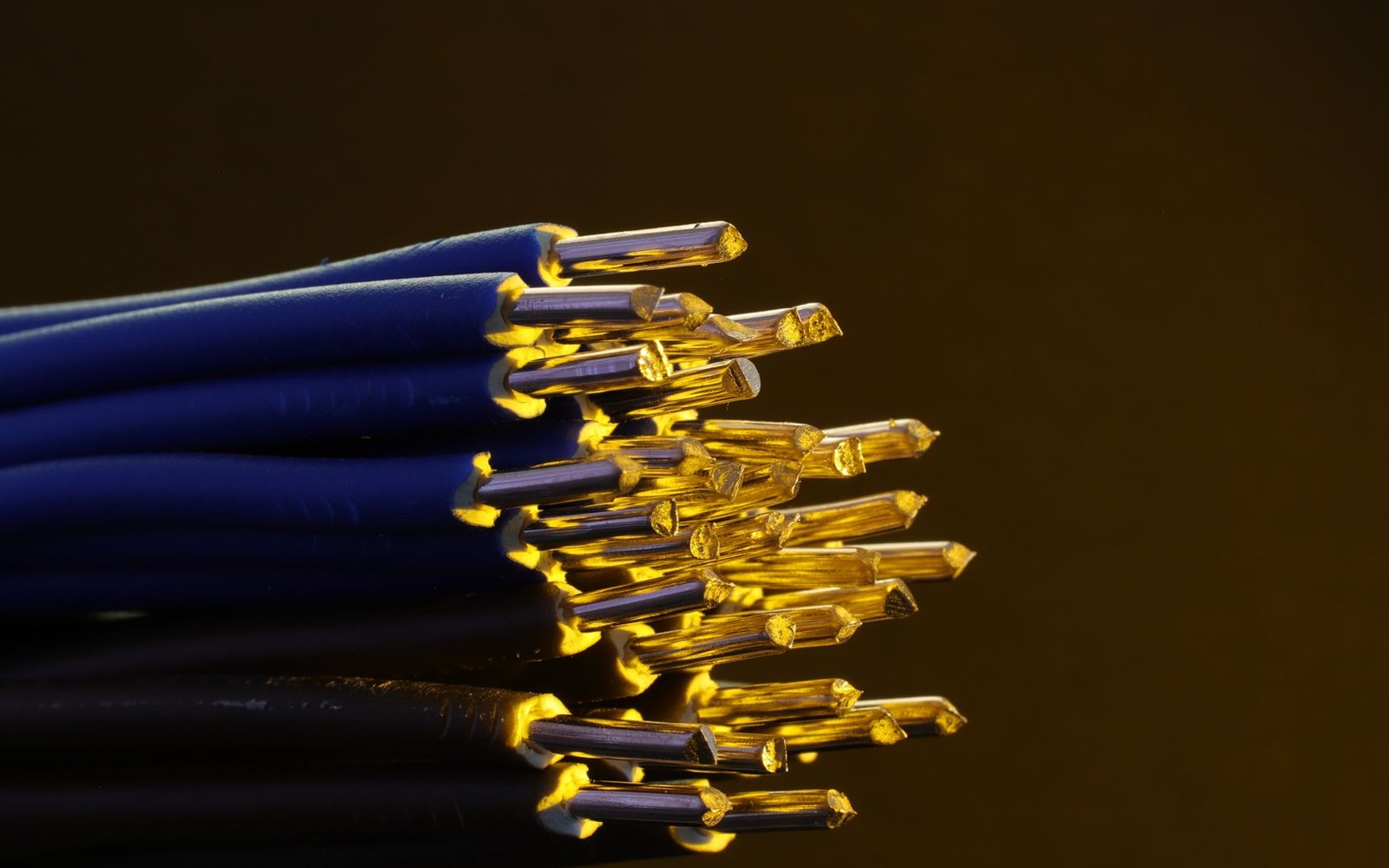 Bundled blue cables with exposed golden metal pins glowing at their tips